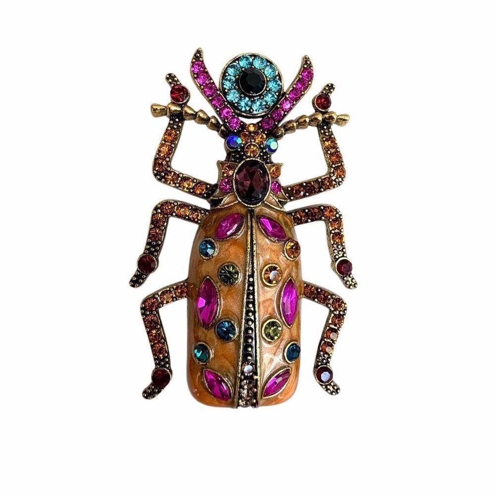 Jeweled Beetle Brooch Multicolor Rhinestone Statement